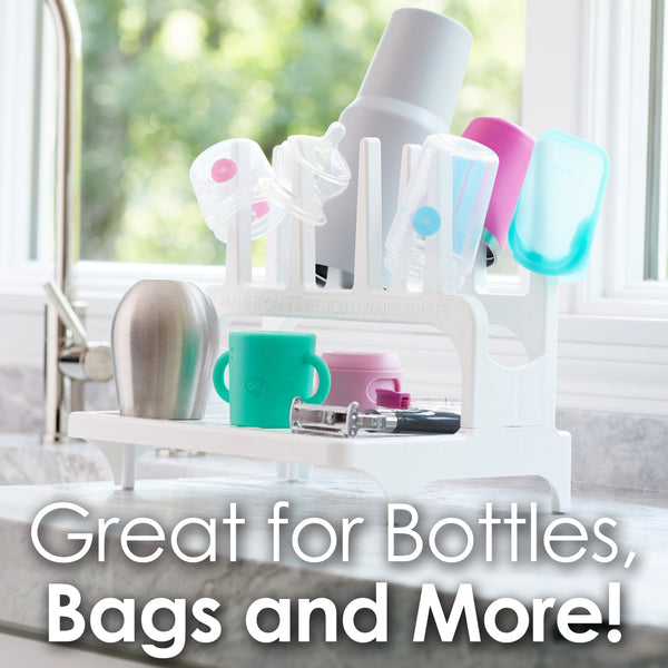 PopYum Glacier White Drying Rack from 100% Recycled Bottles with Silicone Drying Mat, countertop for Baby Bottles, Plastic Bags, Cups, Compact