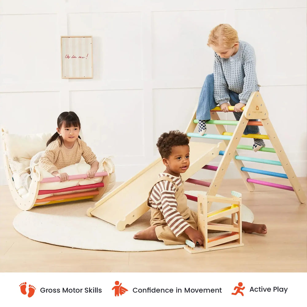Tiny Land® 7-in-1 Rainbow Climbing Set with Play Pad for active play and development in babies and toddlers.