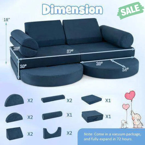 13 Pieces Convertible Modular Kids Play Couch for Nursery Playroom Bedroom-Blue Kids Chairs & Seating