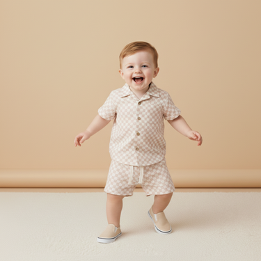 Organic Shirt & Shorts Set - Brick Checks