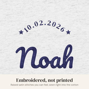 Embroidery close-up, ash bodysuit with navy thread