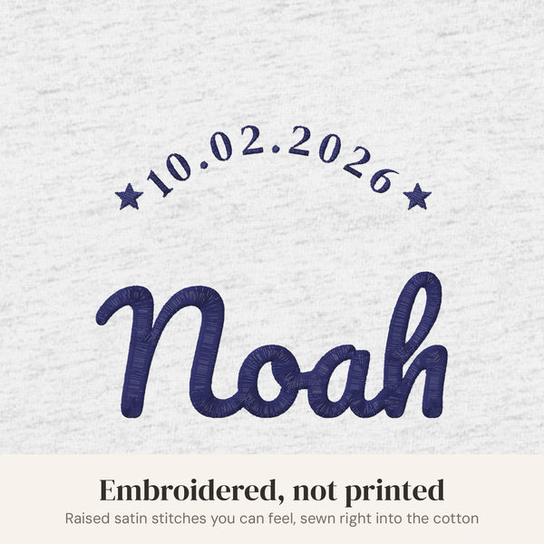 Embroidery close-up, ash bodysuit with navy thread