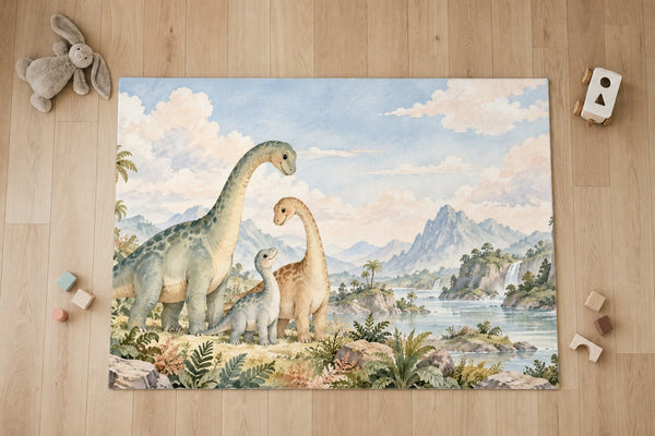 Top view of the Long Neck Family Dinosaur kids area rug on a wood floor