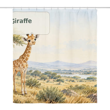 G is for Giraffe Alphabet shower curtain, full front view of the 71 x 74 in fabric curtain