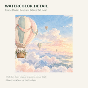 Watercolor Dreamy Clouds Hot Air Balloon Wall Mural, image 4