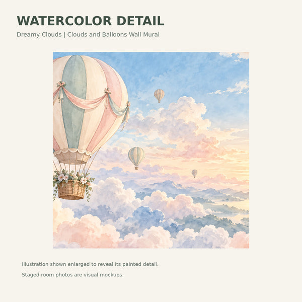 Watercolor Dreamy Clouds Hot Air Balloon Wall Mural, image 4