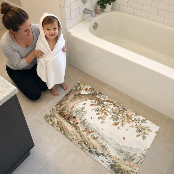 Mom and toddler in a hooded towel next to the Sleeping Bear Oak bath mat