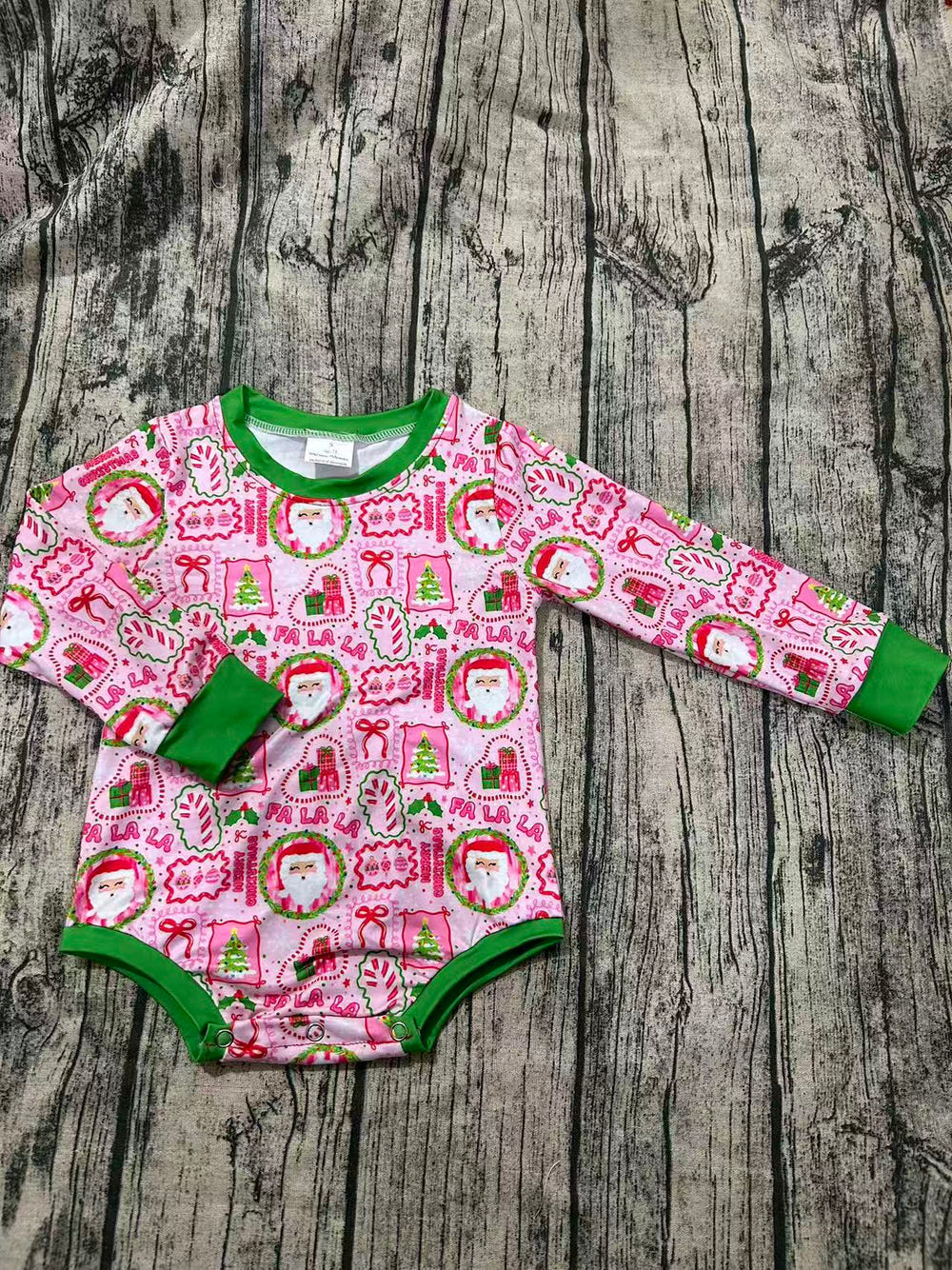 Fa la la pink and green long sleeve leotard for babies, perfect for playful outfits and comfortable wear.