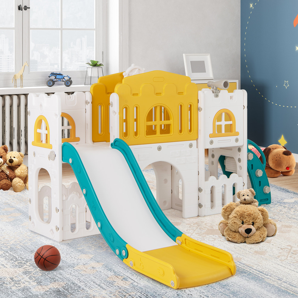 All-in-1 Toddler Slide Playset Playground with Tunnel and Ladder and Basketball