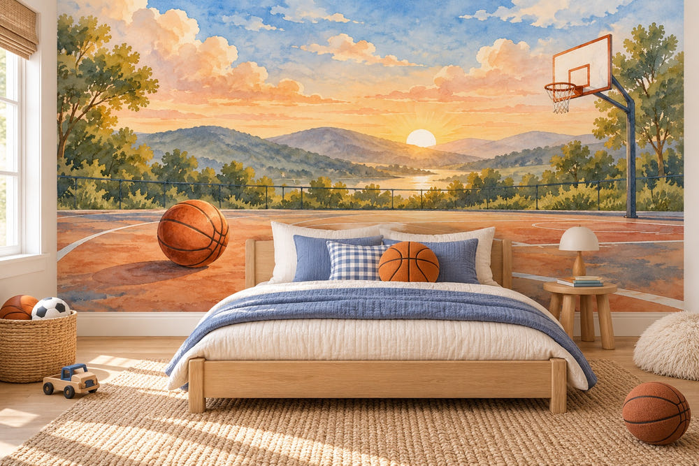 Watercolor Sunrise Court Basketball Wall Mural, image 1