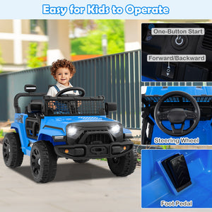 12V kids ride-on truck car, battery-powered electric vehicle for outdoor fun, shown at a 15-degree angle.