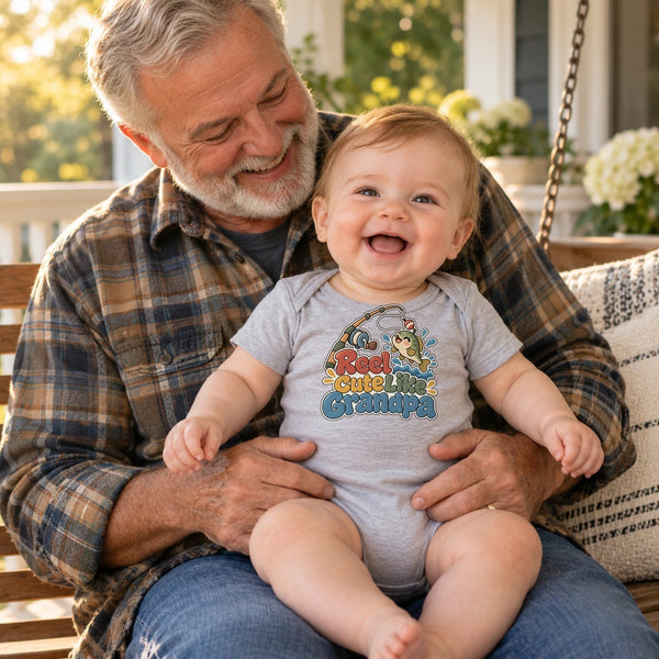 Grandpa holding baby in the Reel Cute Like Grandpa baby bodysuit