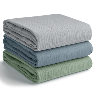 Muslin Swaddle Blankets Pack of 3, 42” x 42” in Heather Blue, Pacific Blue, Fern