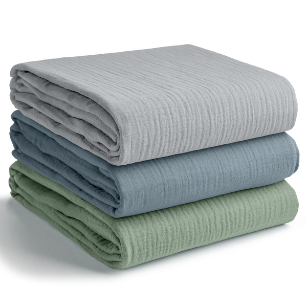 Muslin Swaddle Blankets Pack of 3, 42” x 42” in Heather Blue, Pacific Blue, Fern