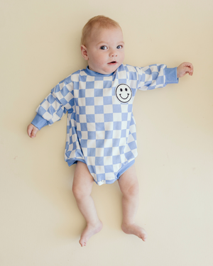 Bubble Romper | Checkered Smiley Blue