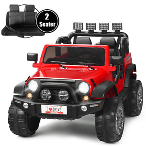 12V 2-seater ride-on car truck with remote control and storage, perfect for kids' outdoor fun.