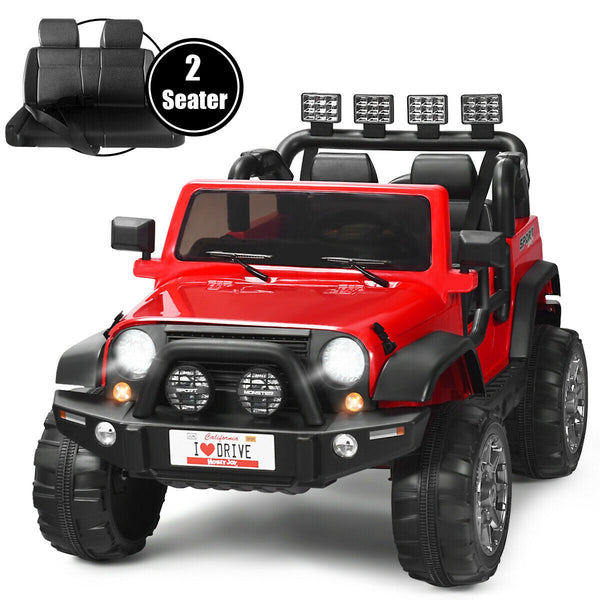 12V 2-seater ride-on car truck with remote control and storage, perfect for kids' outdoor fun.
