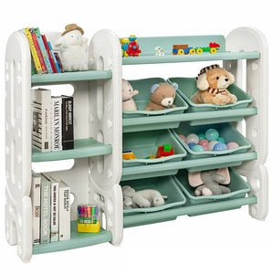 Kids toy storage organizer with bins and multi-layer shelf for bedroom or playroom, angled view.