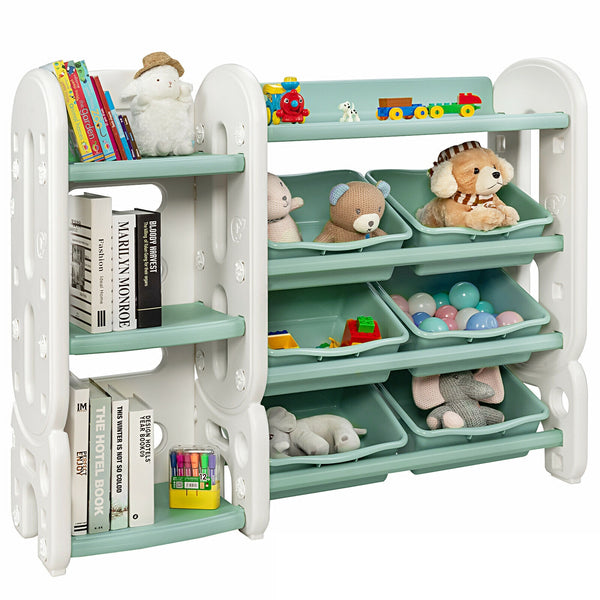 Kids toy storage organizer with bins and multi-layer shelf for bedroom or playroom, angled view.