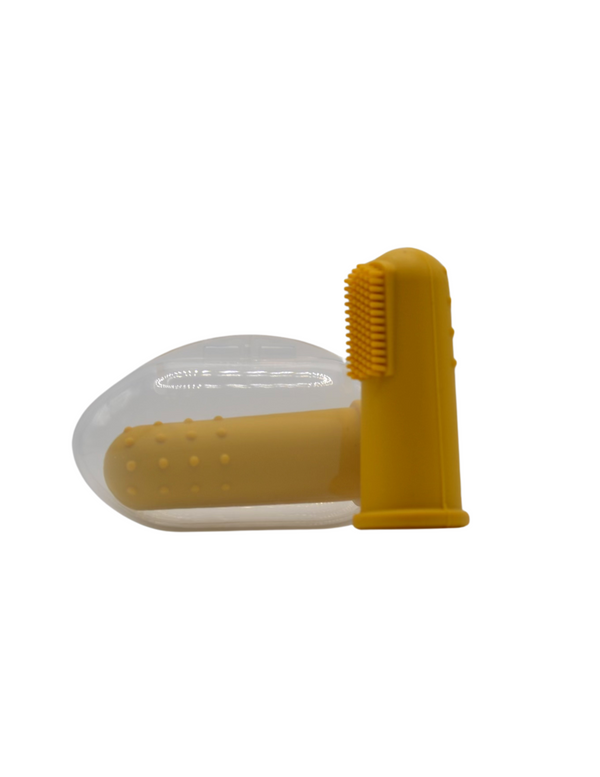 Mustard and army green finger toothbrushes for babies, perfect for gentle oral care.