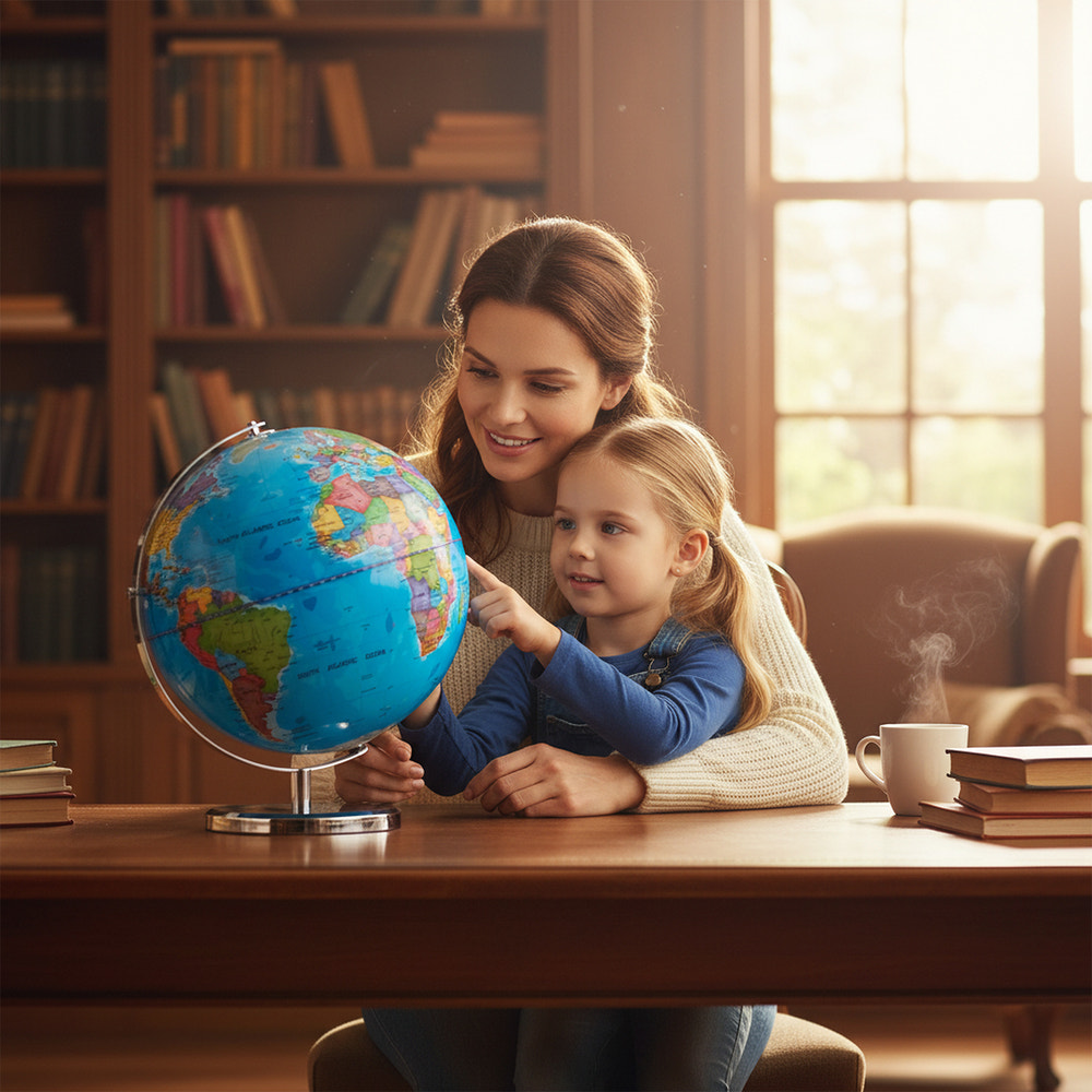 13-inch illuminated world globe with 720° rotation and LED light, perfect educational toy for kids.