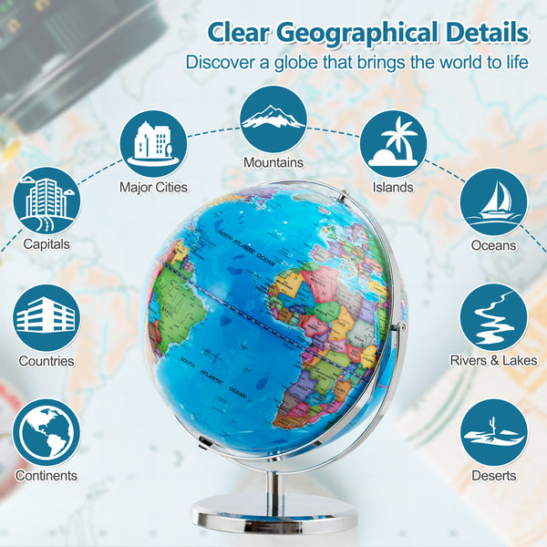 13-inch illuminated world globe with LED light, 720° rotating map, perfect educational toy for kids.
