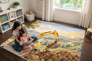 Mom and daughter reading a book on the Sunrise Excavator play rug