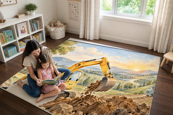 Mom and daughter reading a book on the Sunrise Excavator play rug