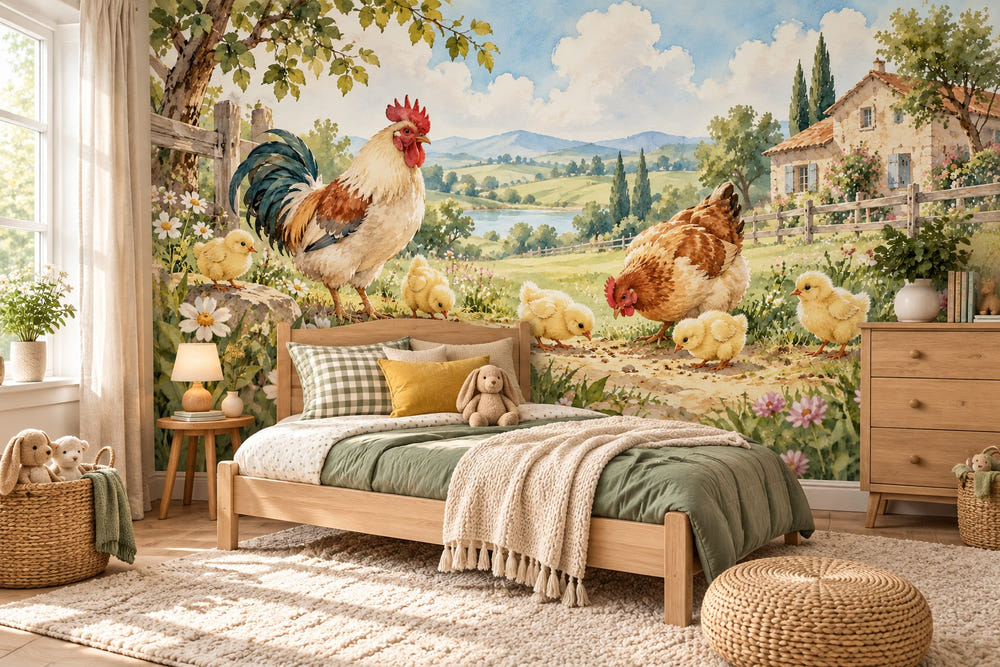 Watercolor Chicks Field Farm Wall Mural, image 1