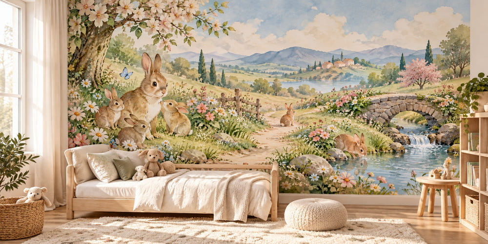 Watercolor Peaceful Garden Bunny Wall Mural, image 1