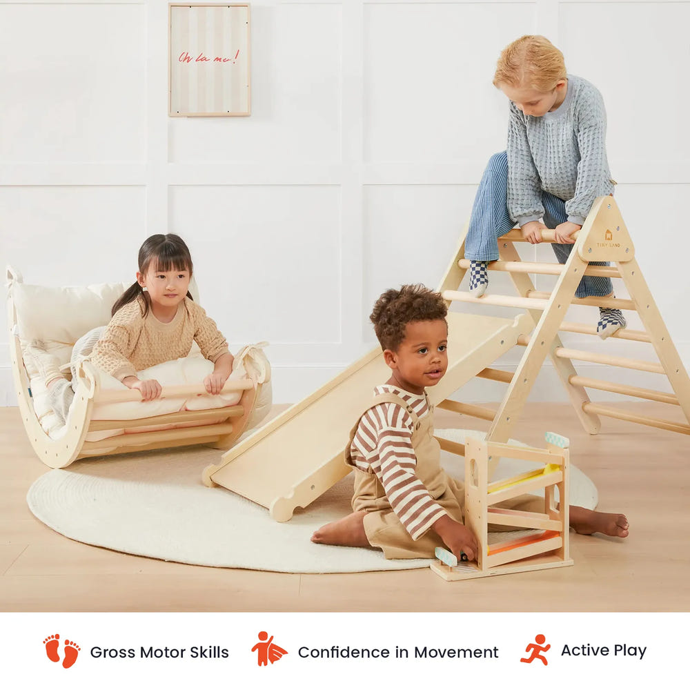 Tiny Land® 7-in-1 Montessori Climbing Set with Play Pad for babies and toddlers, promoting active play and development.