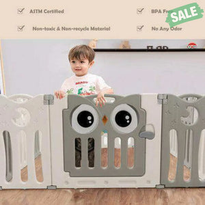 14-Panel Baby Playpen Kids Activity Center Foldable Play Yard with Lock Door-Pink Beige Baby Gates