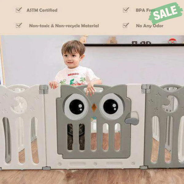 14-Panel Baby Playpen Kids Activity Center Foldable Play Yard with Lock Door-Pink Beige Baby Gates