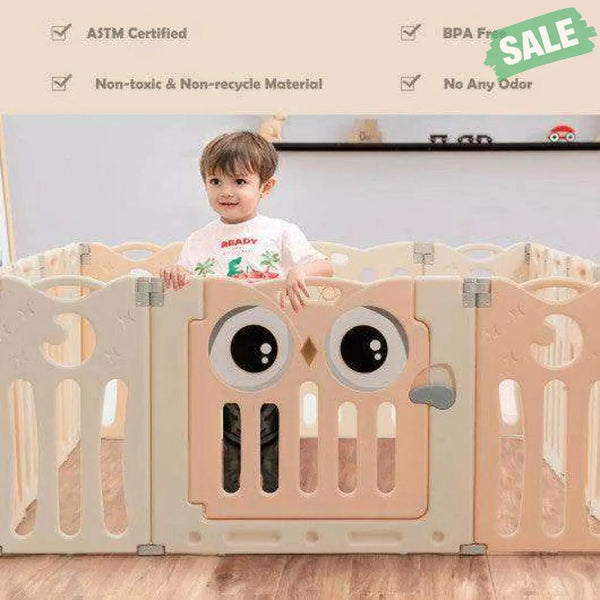 14-Panel Baby Playpen Kids Activity Center Foldable Play Yard with Lock Door-Pink Beige Baby Gates