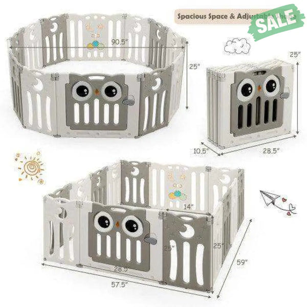 14-Panel Baby Playpen Kids Activity Center Foldable Play Yard with Lock Door-Pink Beige Baby Gates