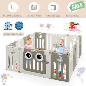 14-Panel Baby Playpen Kids Activity Center Foldable Play Yard with Lock Door-Pink Beige Baby Gates