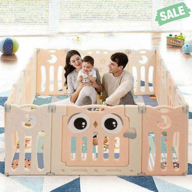 14-Panel Baby Playpen Kids Activity Center Foldable Play Yard with Lock Door-Pink Beige Baby Gates