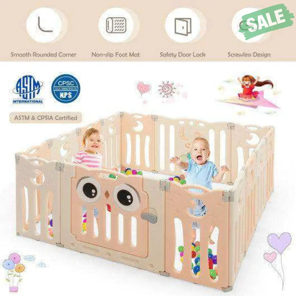 14-Panel Baby Playpen Kids Activity Center Foldable Play Yard with Lock Door-Pink Beige Baby Gates