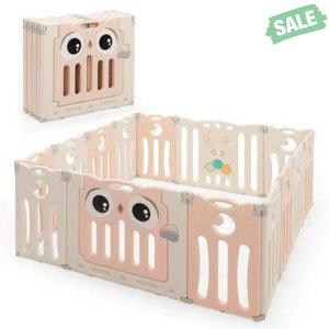 14-Panel Baby Playpen Kids Activity Center Foldable Play Yard with Lock Door-Pink Beige Baby Gates