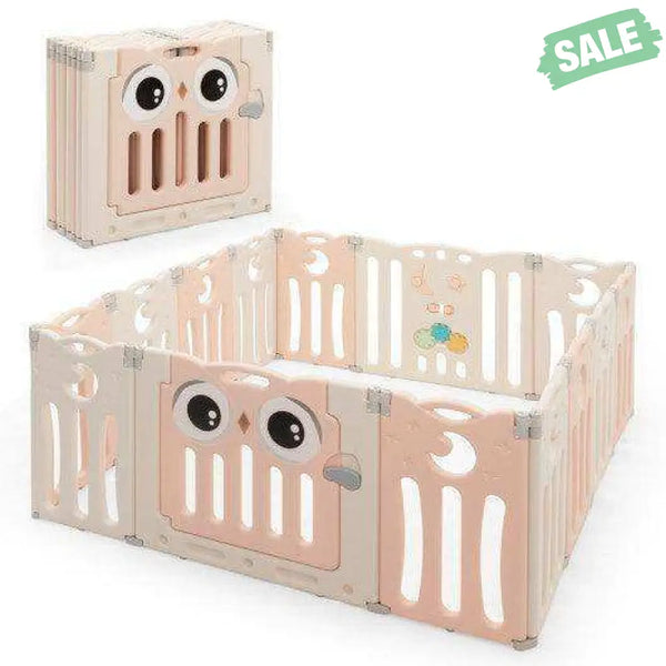 14-Panel Baby Playpen Kids Activity Center Foldable Play Yard with Lock Door-Pink Beige Baby Gates