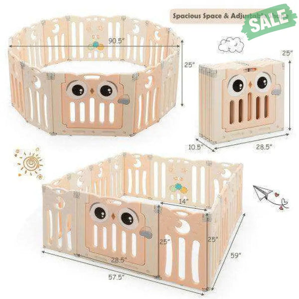 14-Panel Baby Playpen Kids Activity Center Foldable Play Yard with Lock Door-Pink Beige Baby Gates