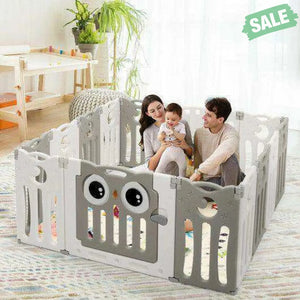 14-Panel Baby Playpen Kids Activity Center Foldable Play Yard with Lock Door-Pink Beige Baby Gates