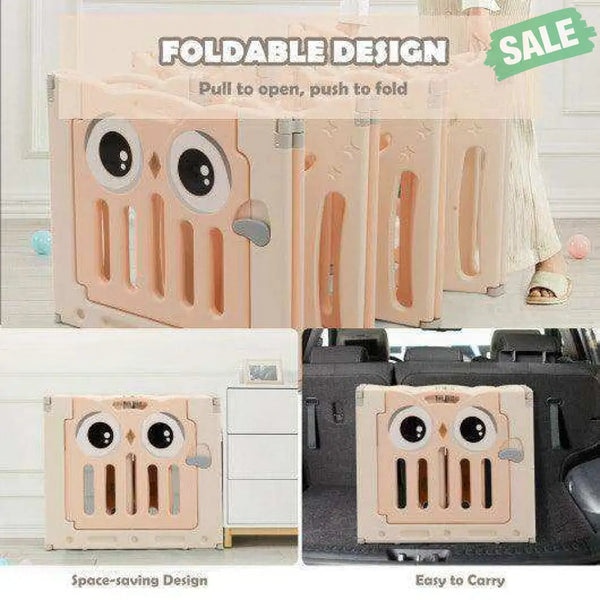 14-Panel Baby Playpen Kids Activity Center Foldable Play Yard with Lock Door-Pink Beige Baby Gates