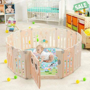 14-Panel Baby Playpen Kids Activity Center Foldable Play Yard with Lock Door-Pink Beige Baby Gates