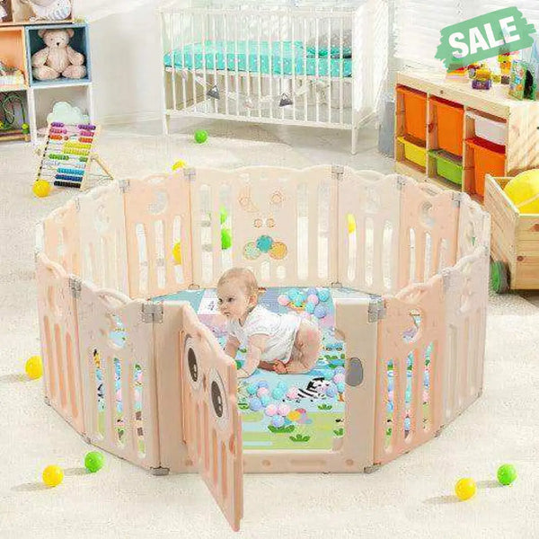 14-Panel Baby Playpen Kids Activity Center Foldable Play Yard with Lock Door-Pink Beige Baby Gates