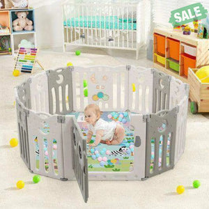14-Panel Baby Playpen Kids Activity Center Foldable Play Yard with Lock Door-Pink Beige Baby Gates