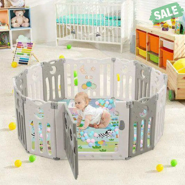 14-Panel Baby Playpen Kids Activity Center Foldable Play Yard with Lock Door-Pink Beige Baby Gates