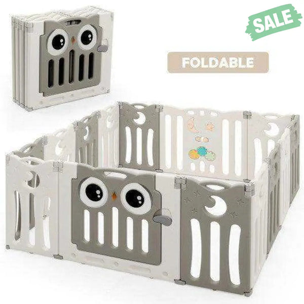 14-Panel Baby Playpen Kids Activity Center Foldable Play Yard with Lock Door-Pink Beige Baby Gates