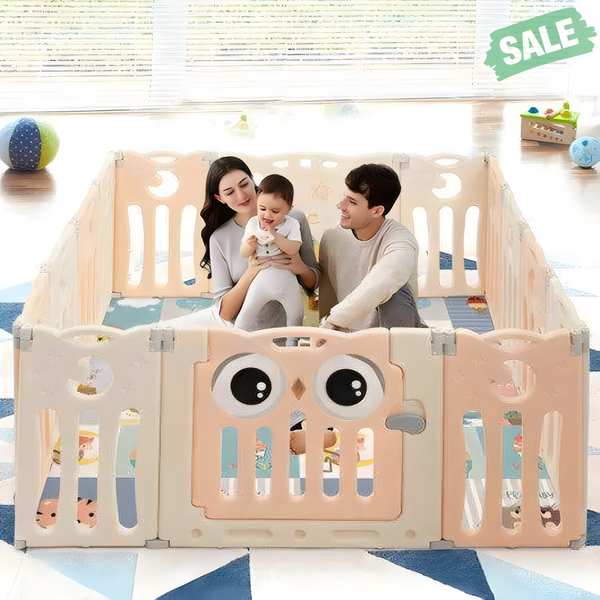 14-Panel Pink Baby Playpen Activity Center with Lock Door - Foldable Play Yard for Kids