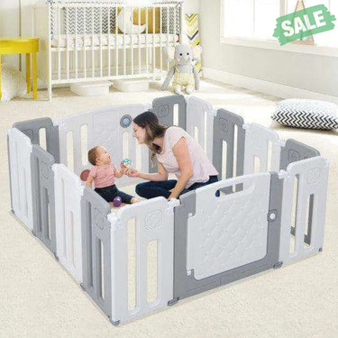 14 Panels Kids Safety Activity Play Center with Drawing Board-Gray Gray Baby Playpen & Playards